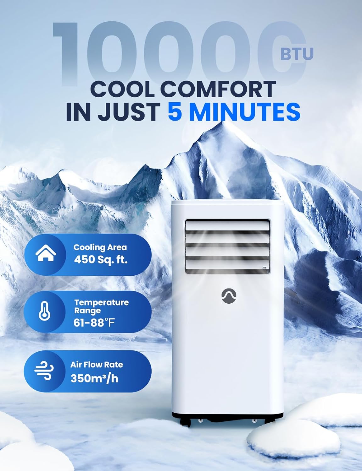 Portable Air Conditioners. 10000 BTU Air Conditioner Portable for Room up to 450 Sq. Ft.. 3-in-1 Portable AC Unit with Digital Display. Remote Control. Window Installation Kit. 24H Timer. Sleep Mode