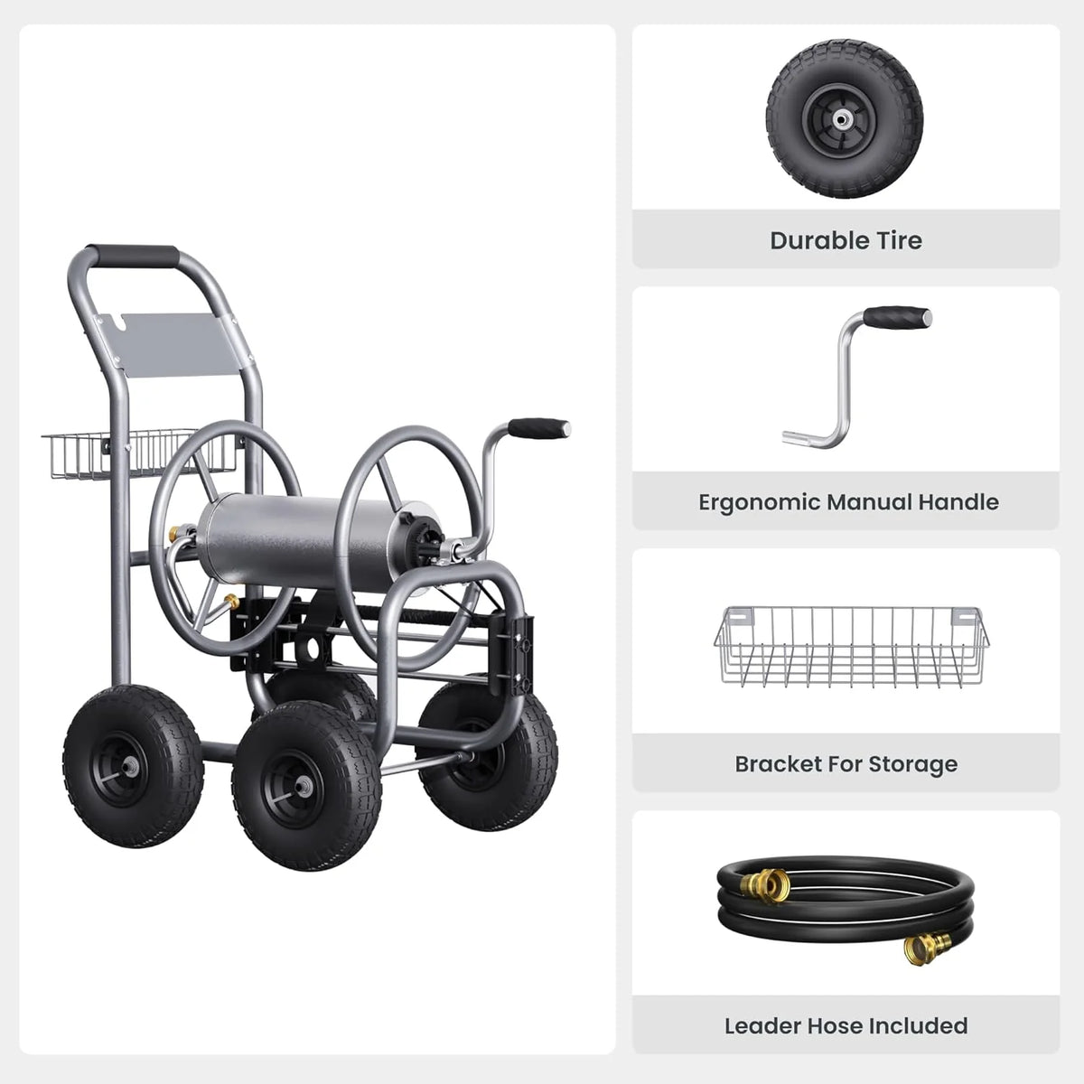 Tool pipe trailer. heavy-duty wheeled hose vehicle. suitable for outdoor industrial hose reels. length 250 feet. inner diameter 5/8 inches. hose guide device pre-installed.