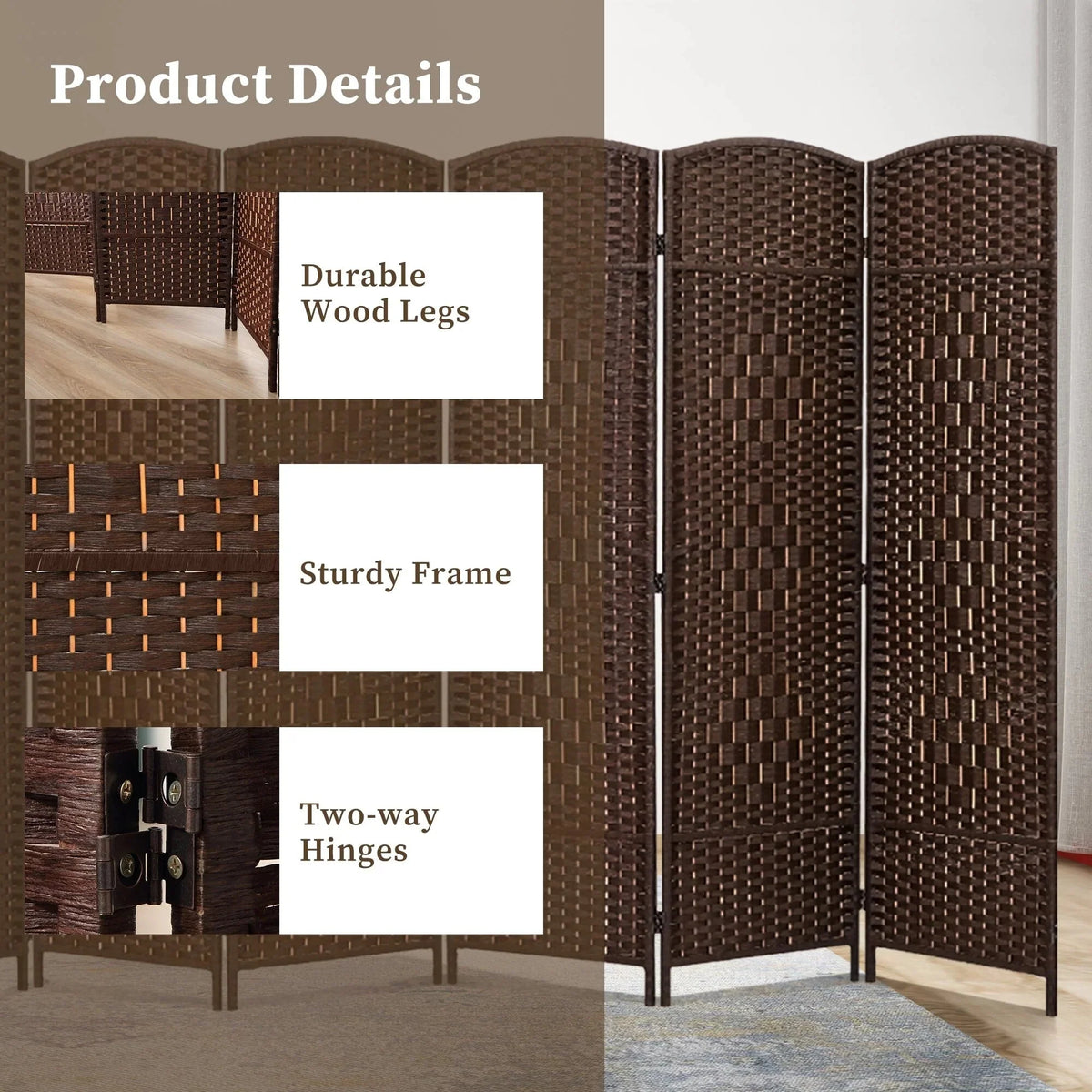 6 FT Tall Woven Fiber Room Divider. Freestanding Folding Privacy Screen