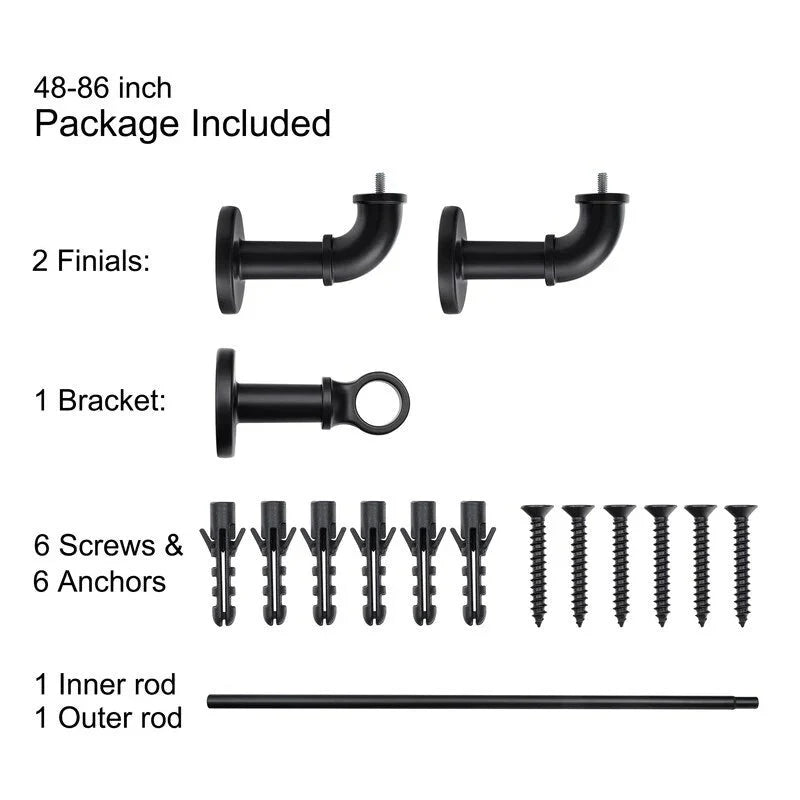 1 Inch Industrial Curtain Rods for Windows. Blackout Wrap-Around Rods. Rustic Matte Black