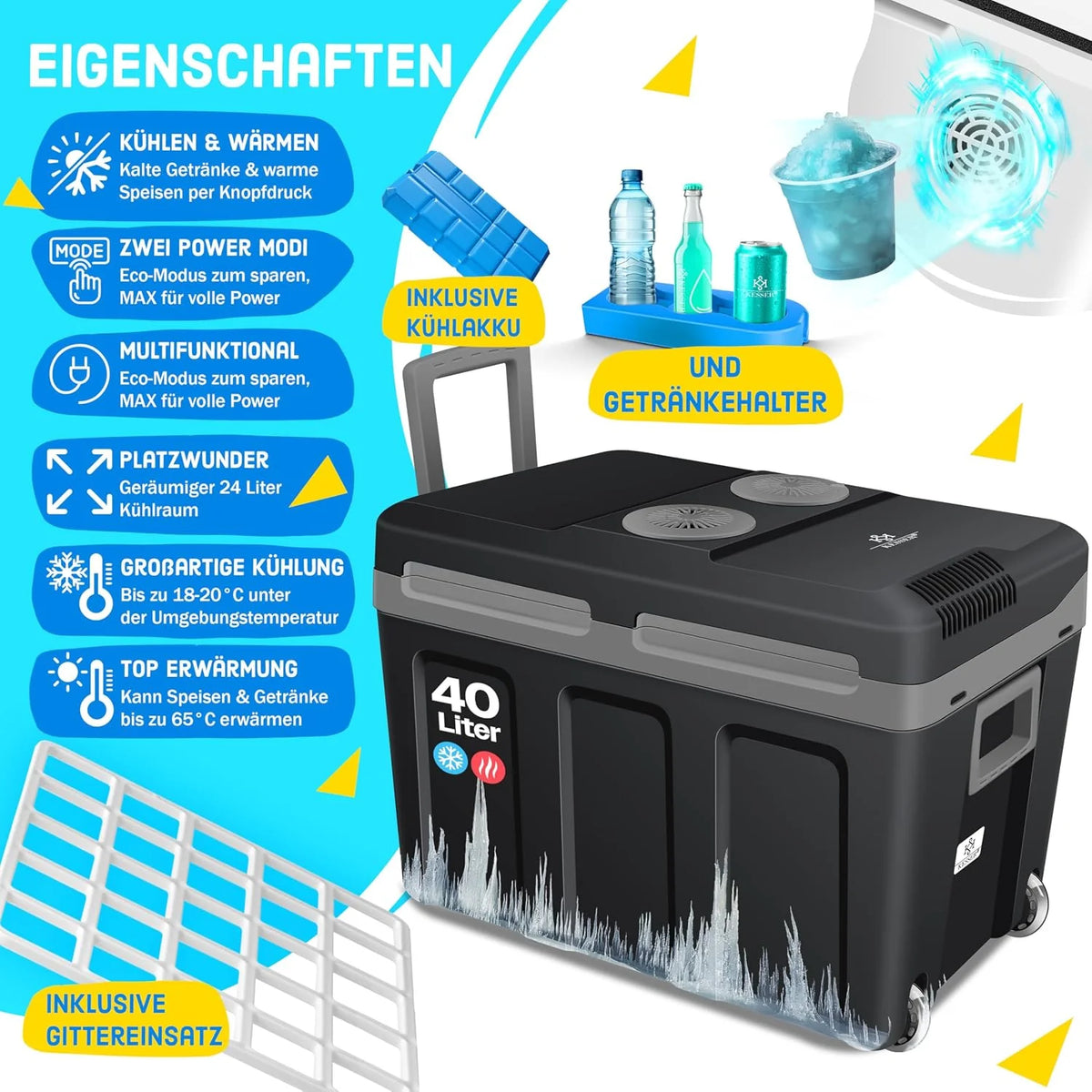 KESSER Nevera eléctrica portátil 40L con Ruedas | Calienta y enfría | Termoeléctrica | Mini Nevera | 12V y 230V | para Coche. Camping y Enchufe | Modo