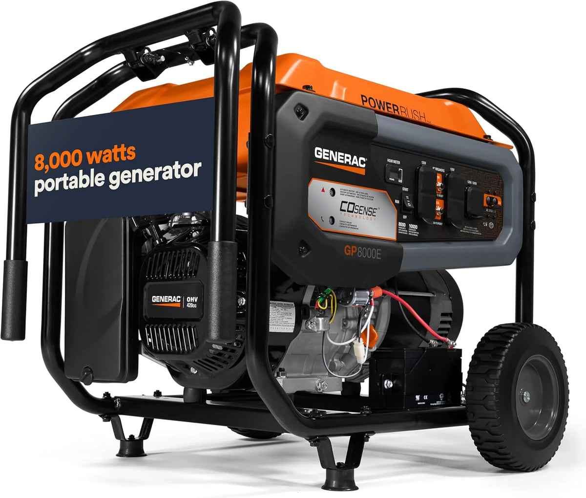 8.000-Watt Gas-Powered Portable Generator - Electric Start with COsense - PowerRush Advanced Technology - Reliable Power for Emergencies. Recreation. Home - 49 State Compliant - Orange/Black