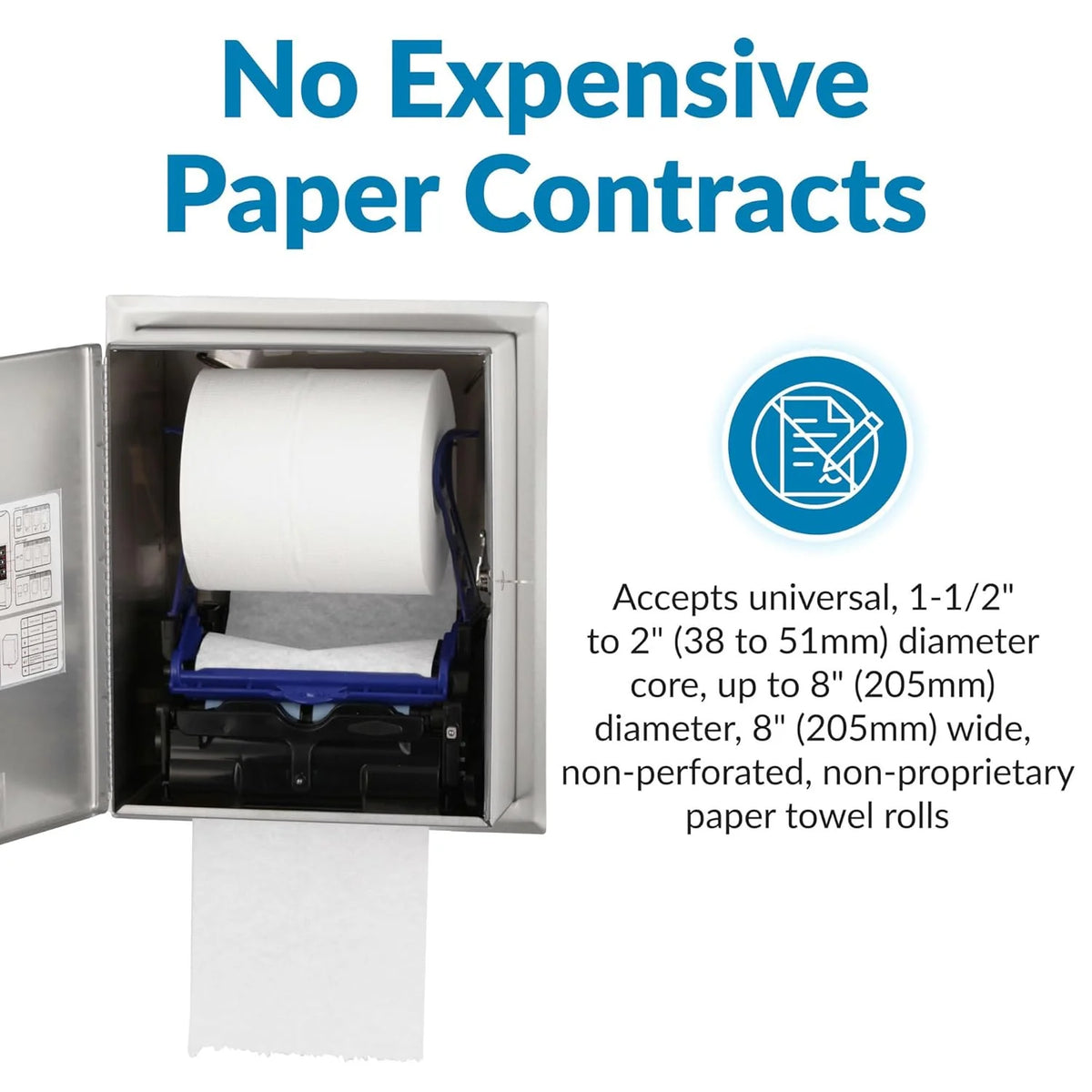Automatic roll towel dispenser. semi-integrated design. matte stainless steel material. adjustable sensor. LED light guide. no contact operation. AC adapter/battery power supply. universal roll towel compatibility