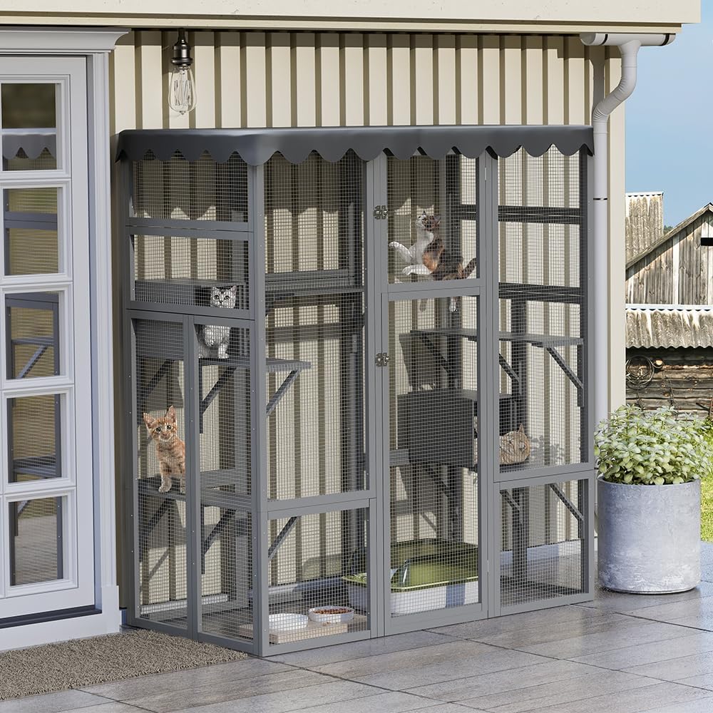 62.6-inch wooden outdoor cat house. large cat cage room. equipped with 7 platforms. 2 rest boxes and a rainproof roof. suitable for multiple pets to use. Step-in cat apartment shelter. white model