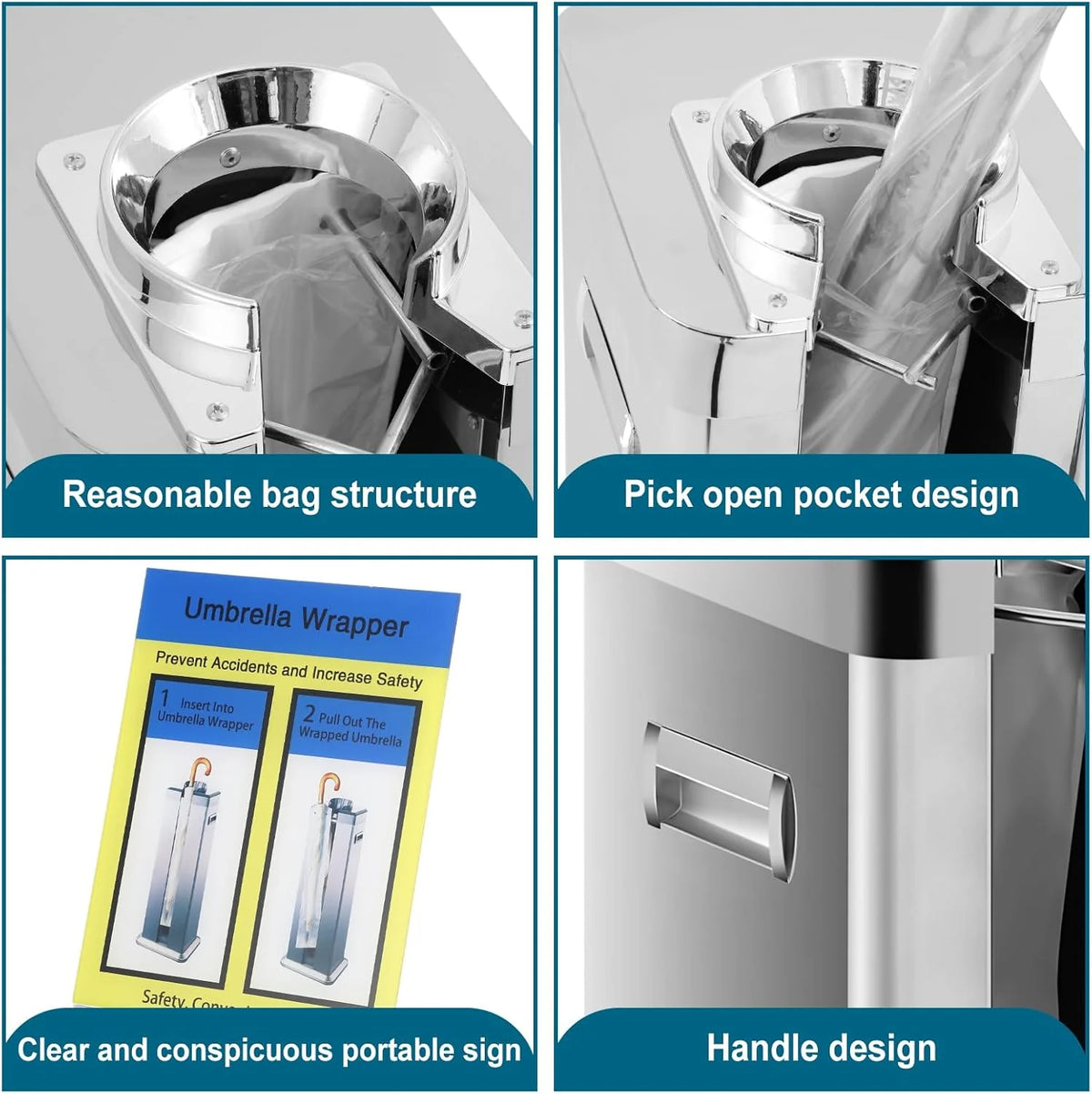 Automatic wet umbrella packaging machine. stainless steel single-slot umbrella bag distributor bracket. equipped with 1000 long umbrella bags and warning signs. suitable for commercial shopping centers. hotels. in silver color.