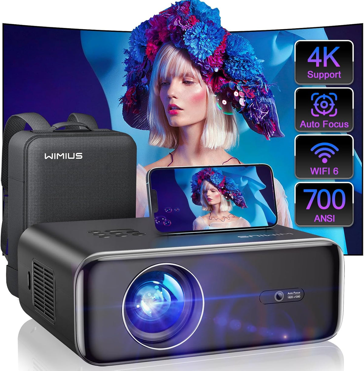 [Auto Focus/4K Support] Projector with WiFi 6 and Bluetooth 5.2. 700ANSI Native 1080P Outdoor Movie Projector. WiMiUS P62 Auto 6D Keystone & 50% Zoom. Smart Home Projector for iOS/Android/TV Stick