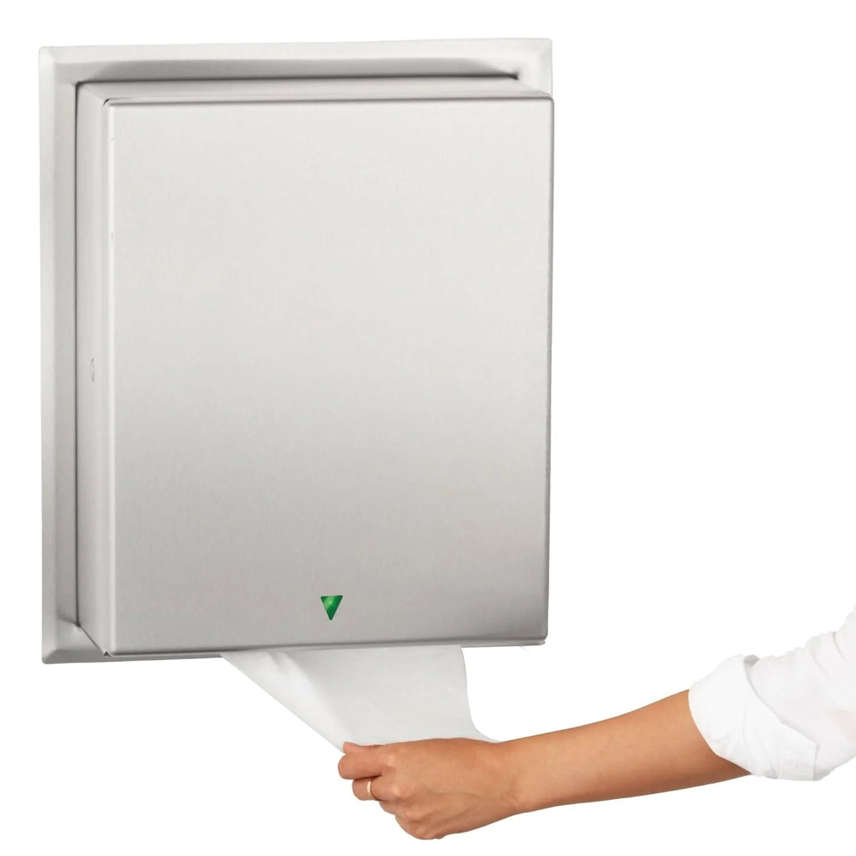 Automatic roll towel dispenser. semi-integrated design. matte stainless steel material. adjustable sensor. LED light guide. no contact operation. AC adapter/battery power supply. universal roll towel compatibility