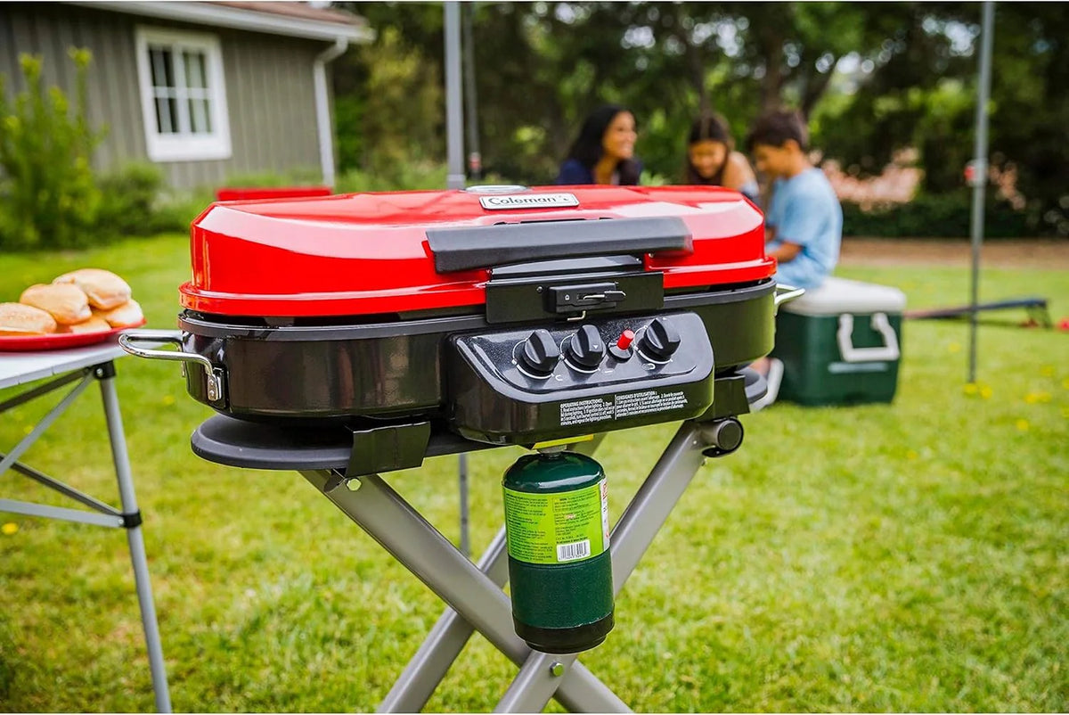 RoadTrip Portable Stand-Up Propane Grill with 3 Adjustable Burners & Instastart Ignition. 20.000 BTUs of Power for Outdoor Cooking
