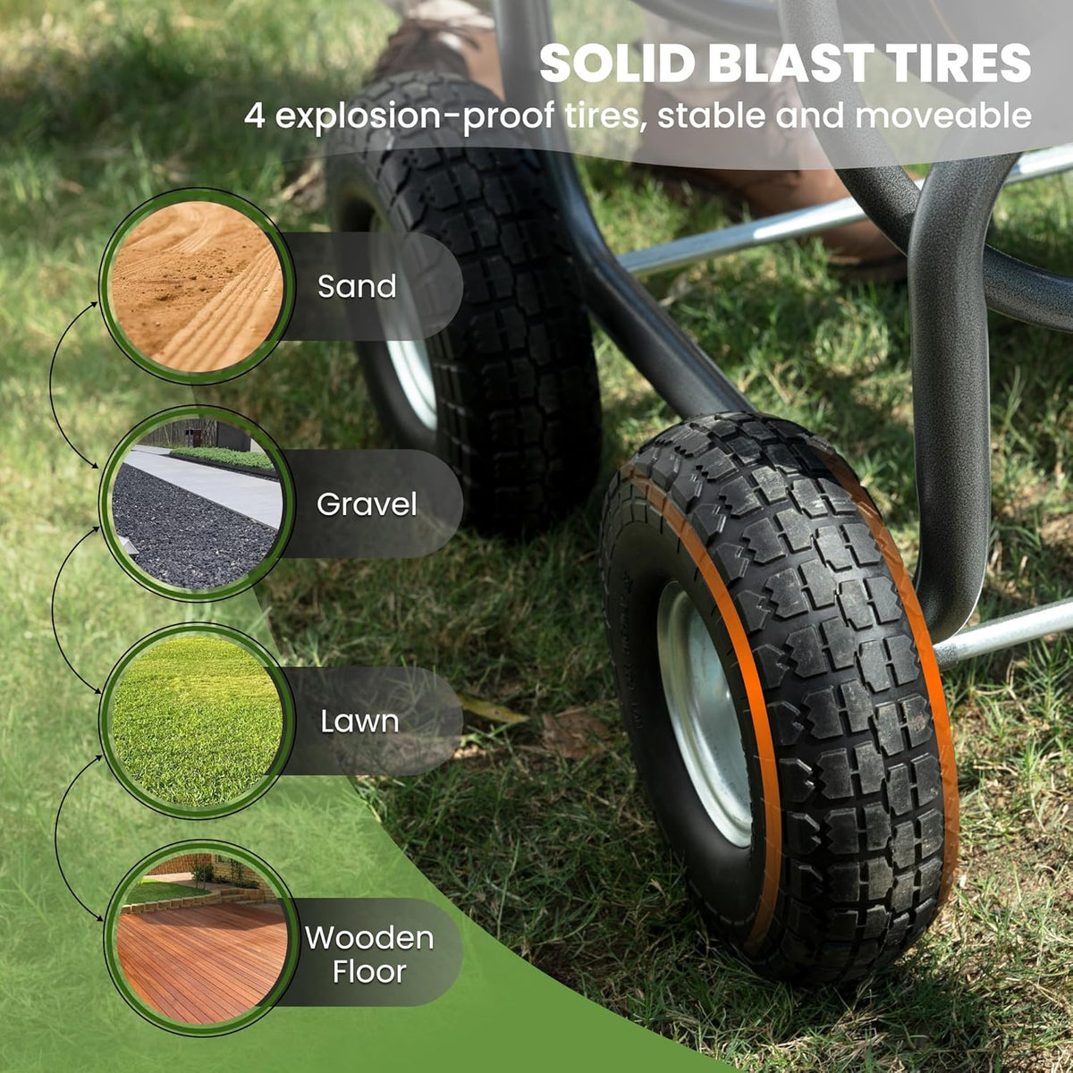 Tool pipe trailer. heavy-duty wheeled hose vehicle. suitable for outdoor industrial hose reels. length 250 feet. inner diameter 5/8 inches. hose guide device pre-installed.