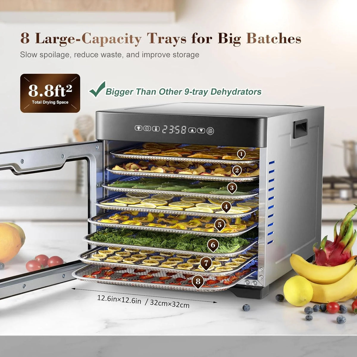 Commercial Large 12 Trays Food Dehydrator. Usable Area up to 22.67ft². 1200W Full Stainless Steel Dryer Machine. up to 190℉ Temperature. for Meat. Fruit. Veggies. Beef. Herbs. Pet Foods