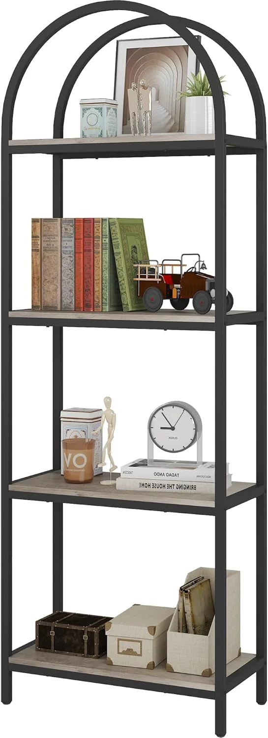 Yusong Bookshelf Rattan Arched Bookcase. 74 Tall Industrial Open Book Shelves for Living Room. Modern Freestanding Boho 5 Tier Display Storage Rack with Metal Frame. Office. Bedroom. Burlywood