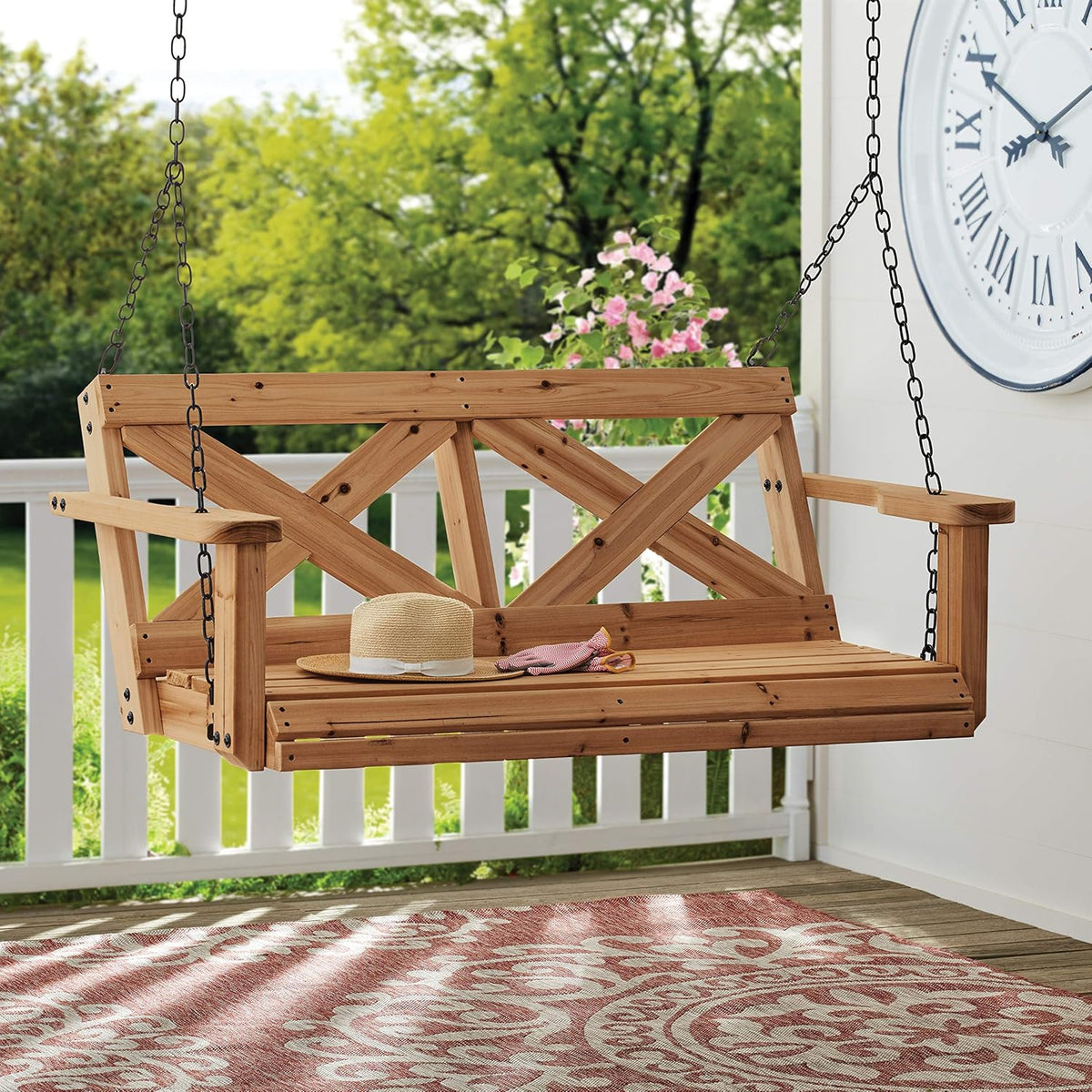 Backyard Discovery 55 Cedar Wood Farmhouse Outdoor Porch Swing Bench with Two-Person Seating. Durable Hanging Chains. Water-Resistant. Heavy-Duty 600 Lbs Weight Capacity for Patio. Deck. Garden
