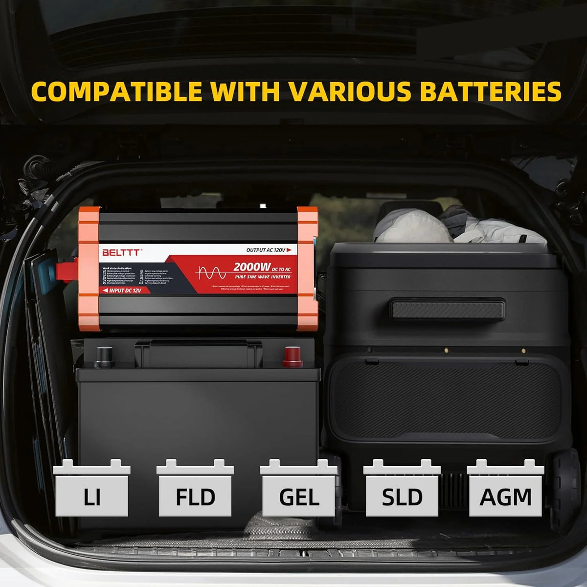 2000W Pure Sine Wave Inverter. Car Power Inverter 12V to 120V AC Converter for RV. Truck. Solar. Outdoor with Dual AC and 20A Socket. 5V 2.1A USB. Surge 4000W. Hardwire Port. Remote Controller