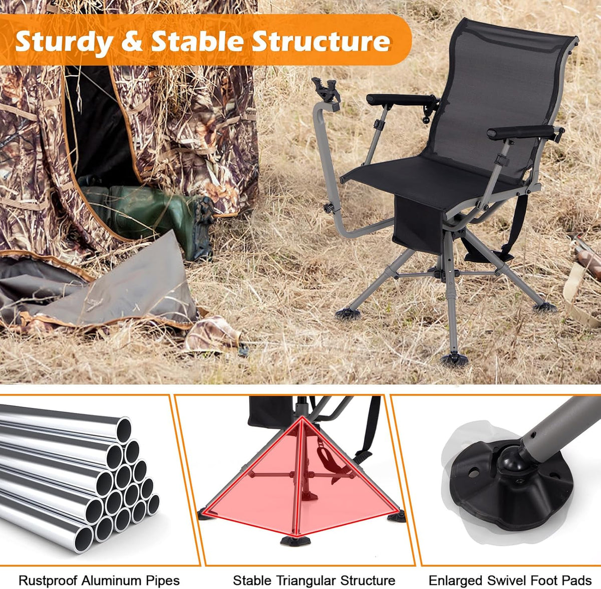 360° rotatable hunting seat. equipped with 4 extendable aluminum legs. adjustable gunstock. portable hunting shelter chair. equipped with carrying straps for outdoor activities.