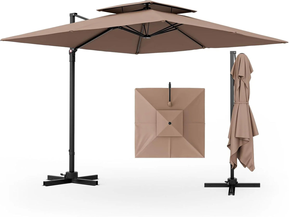 9.5-foot cantilevered patio umbrella. outdoor square offset umbrella. 360° rotatable. double-structured heavy-duty patio hanging umbrella. with cross base. suitable for gardens. patios. swimming pools and backyards.