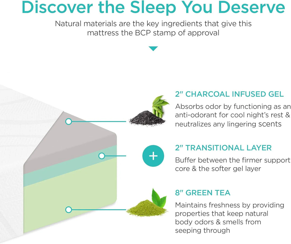 12 inches. green tea carbon fiber 12 inches. green tea carbon fiber cooling gel memory foam mattress. free of glass fibers. three-layer structure. good breathability - complete type. medium softness