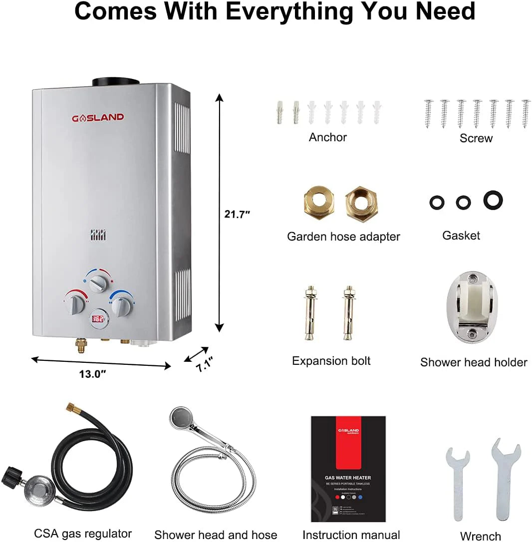 Portable Tankless Water Heater. Outdoors 6L 1.58GPM Propane Water Heater for RV Camping. Overheating Protection