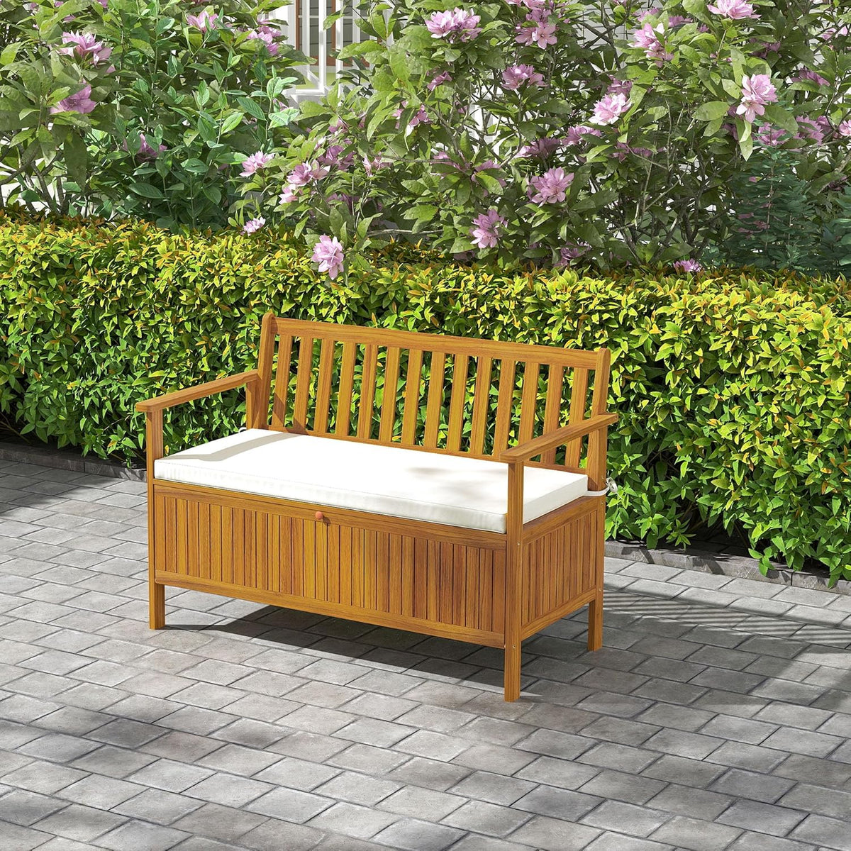 Outdoor bench with storage box. 28-gallon outdoor storage bench. garden seat made of rosewood with cushion. suitable for parks. balconies. and terraces. double-person outdoor furniture. made of teak material