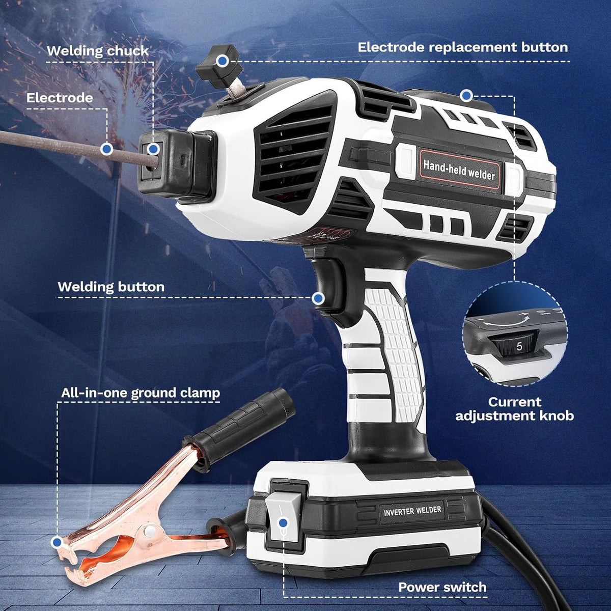 Portable Electric Welding Machine.110V Portable Welder Handheld with IGBT Inverter 5 Variable Current Adjustment.Portable ARC Welder Gun. Fits for 3/32 Wire Rods (Grey)