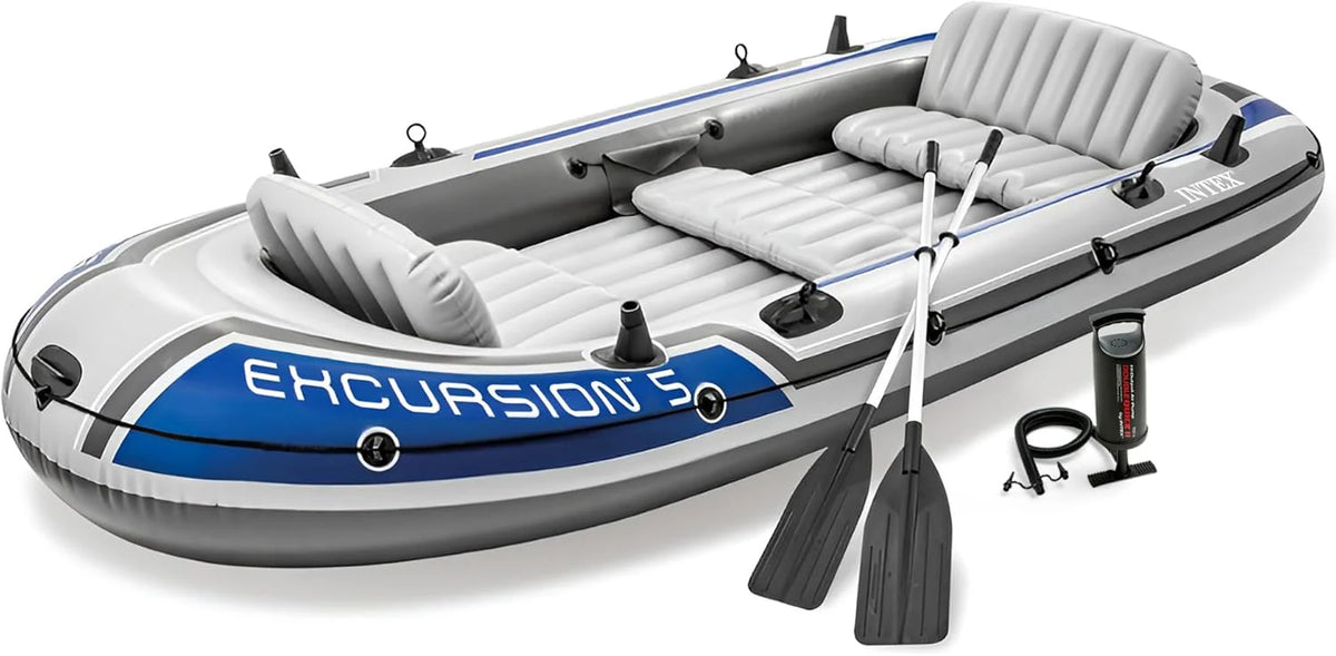 Excursion Inflatable Boat Series: Includes Deluxe 54in Boat Oars and High-Output Pump – SuperTough PVC – Adjustable Seats with Backrest – Fishing Rod Holders – Welded Oar Locks