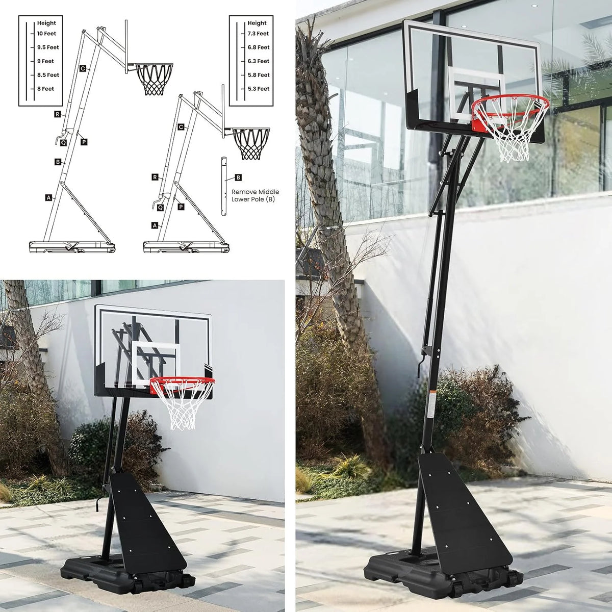 Basketball Hoop 48 Inch Backboard Portable Basketball Hoop Outdoor.5.3-10ft Stepless Regulation Crank Adjust Basketball Goal System