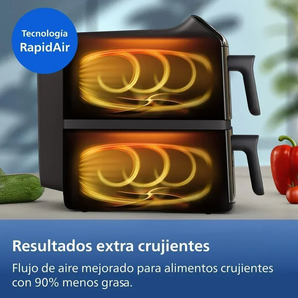 Philips Airfryer Series 4000 Double Vertical Basket 10L – RapidAir Technology. Sync. 2 Baskets at Once. 45% Less Space. PFAS Free Ceramic Coating.