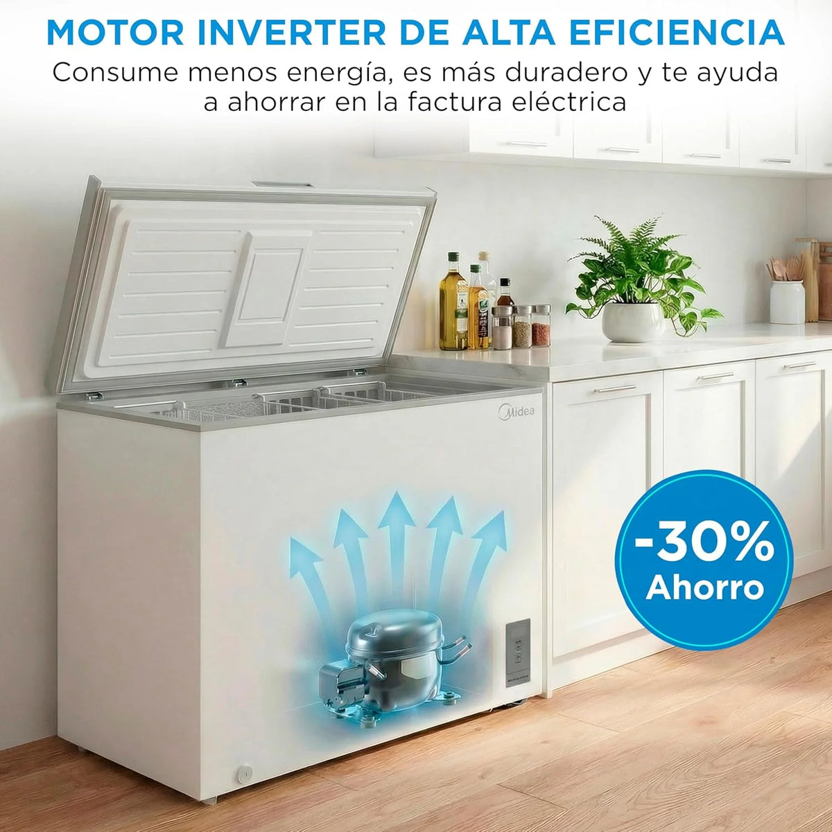 MIDEA Arcon Congelador Pequeño de 418L | Congelador Horizontal Convertible a Frigorífico con Motor Inverter. Control Electrónico de Temperatura.