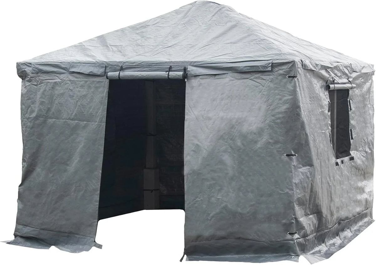 Universal winter tarpaulin. suitable for tall sunshades. used for storing barbecue grills and outdoor furniture. with fireproof and weather-resistant properties. measuring 10 feet by 12 feet. and in gray color.