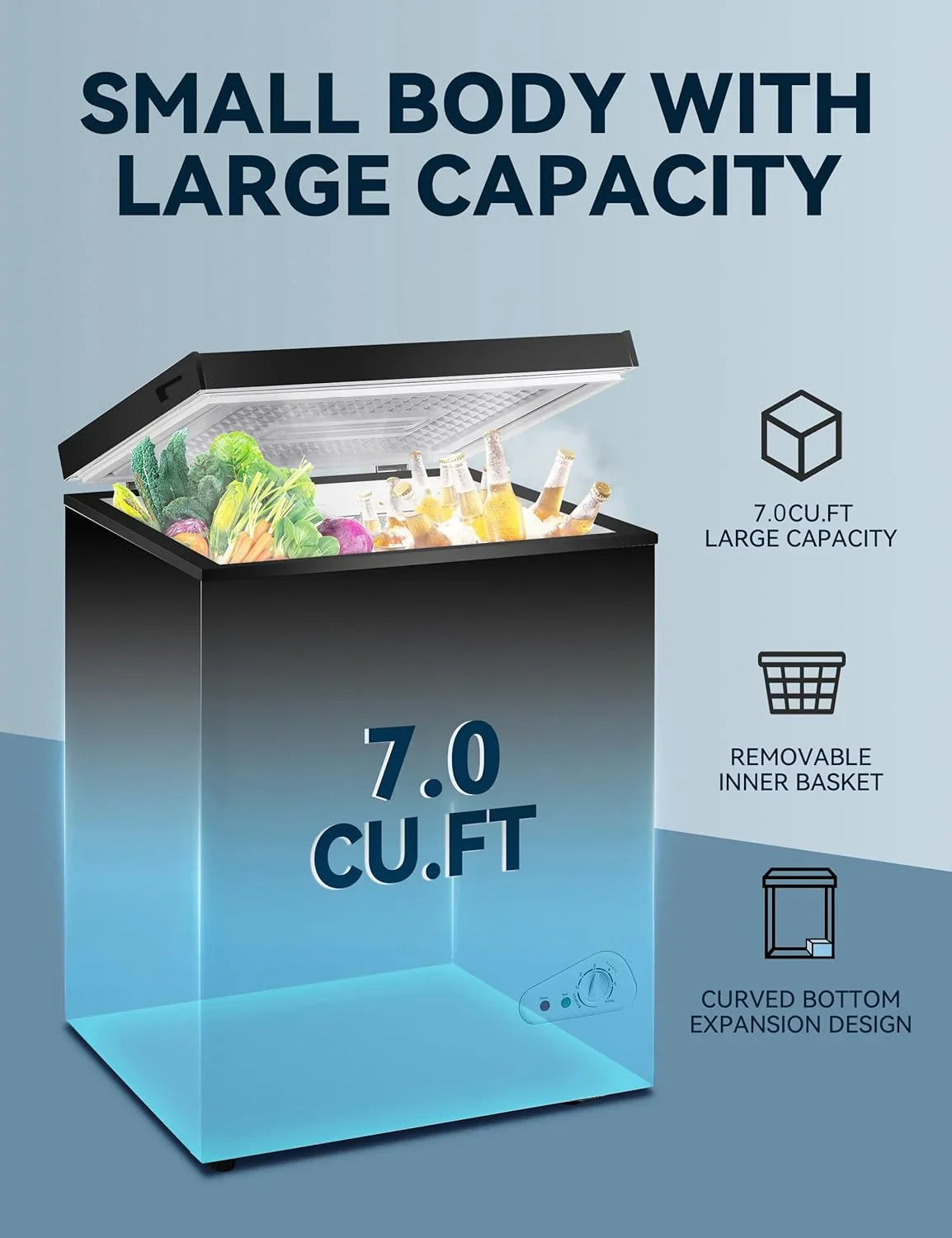 7.0 Cu Ft Chest Freezer - Energy Efficient & Quiet Mini Freezer with Adjustable Thermostat - Compact Deep Freezer for Home. Apartment. and Garage - Removable Basket & Defrost Drain