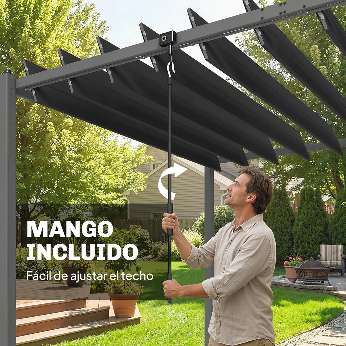 Outsunny Pérgola de Jardín 3x5.7 m. Cenador de Jardín con Techo de Lamas Ajustable a 90°. Manivela. Estructura de Aluminio. Protección UPF50+.