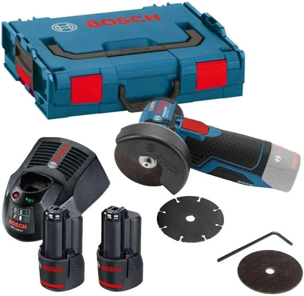 Professional 12V System Akku Winkelschleifer GWS 12V-76 (inkl. 2x 3.0Ah Akku. Schnellladegerät GAL 1230 CV. 1x Carbide Multi Wheel. 2x Trennscheibe