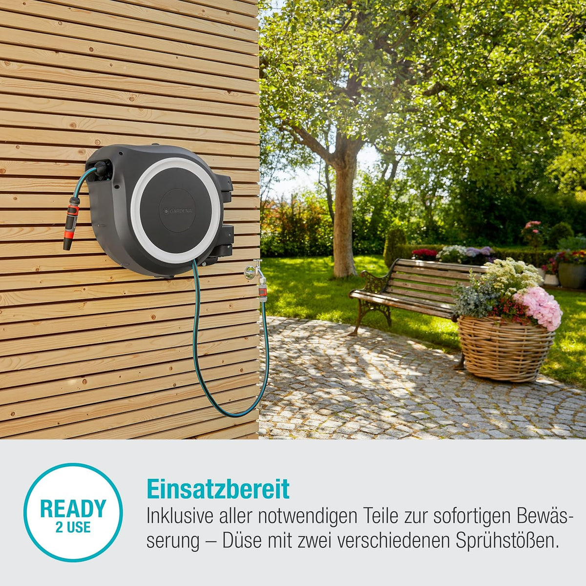 Gardena Original Wand-Schlauchbox RollUp L (weiß) 30 m: flexible Bewässerung für große Gärten. Schwenkbare Schlauchbox. inkl. 30 m Gardena