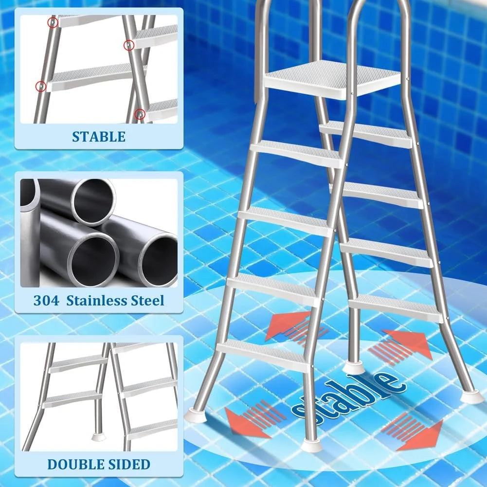 4 Stufige Poolleiter Edelstahl. Pooltreppe für Aufstellpool. Poolleiter 132 cm Poolhöhe. Pool Treppe. Poolstufen für Aufstellpools. Schwimmbadleiter
