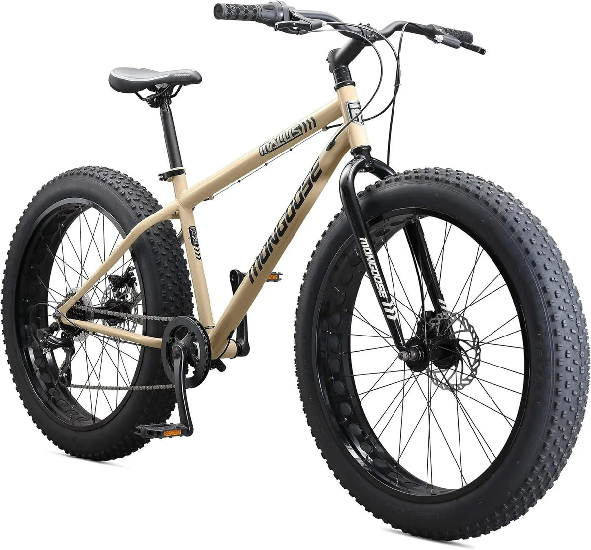26-Inch Fat Tire Mountain Bike for Men and Women. 4-Inch Knobby Tires. Steel Frame. 7-Speed. Disc Brakes