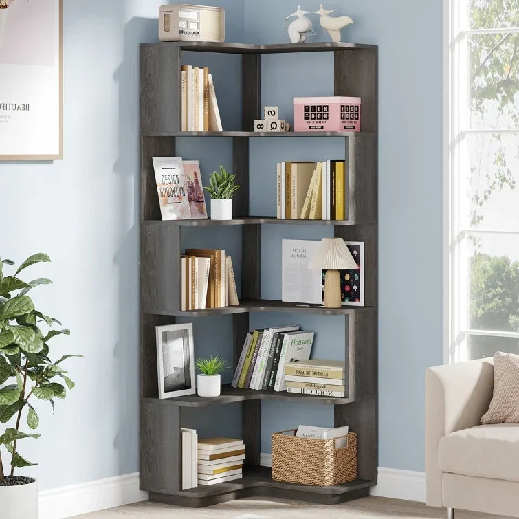 64.9 Inch Tall 6-Tier Corner Bookshelf. Freestanding Wood Industrial Bookcase