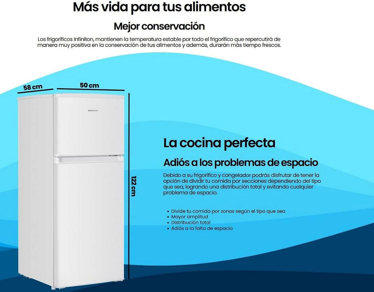 Frigorifico Dos Puertas Infiniton FG-151D12BEV. 151 Litros. 122 cm de Altura. Ancho de 50 cm. Ciclico. LED Interior. Regulación en altura. E. Blanco