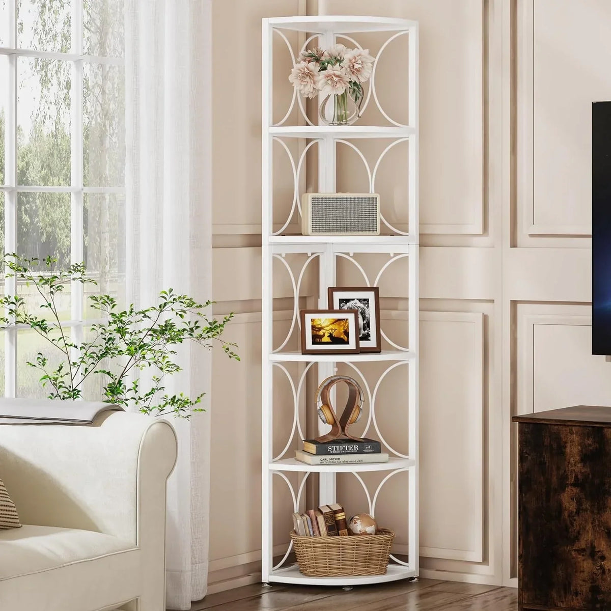 67 Inch Tall Corner Shelf. Freestanding Corner Bookshelf and Storage Shelving Unit