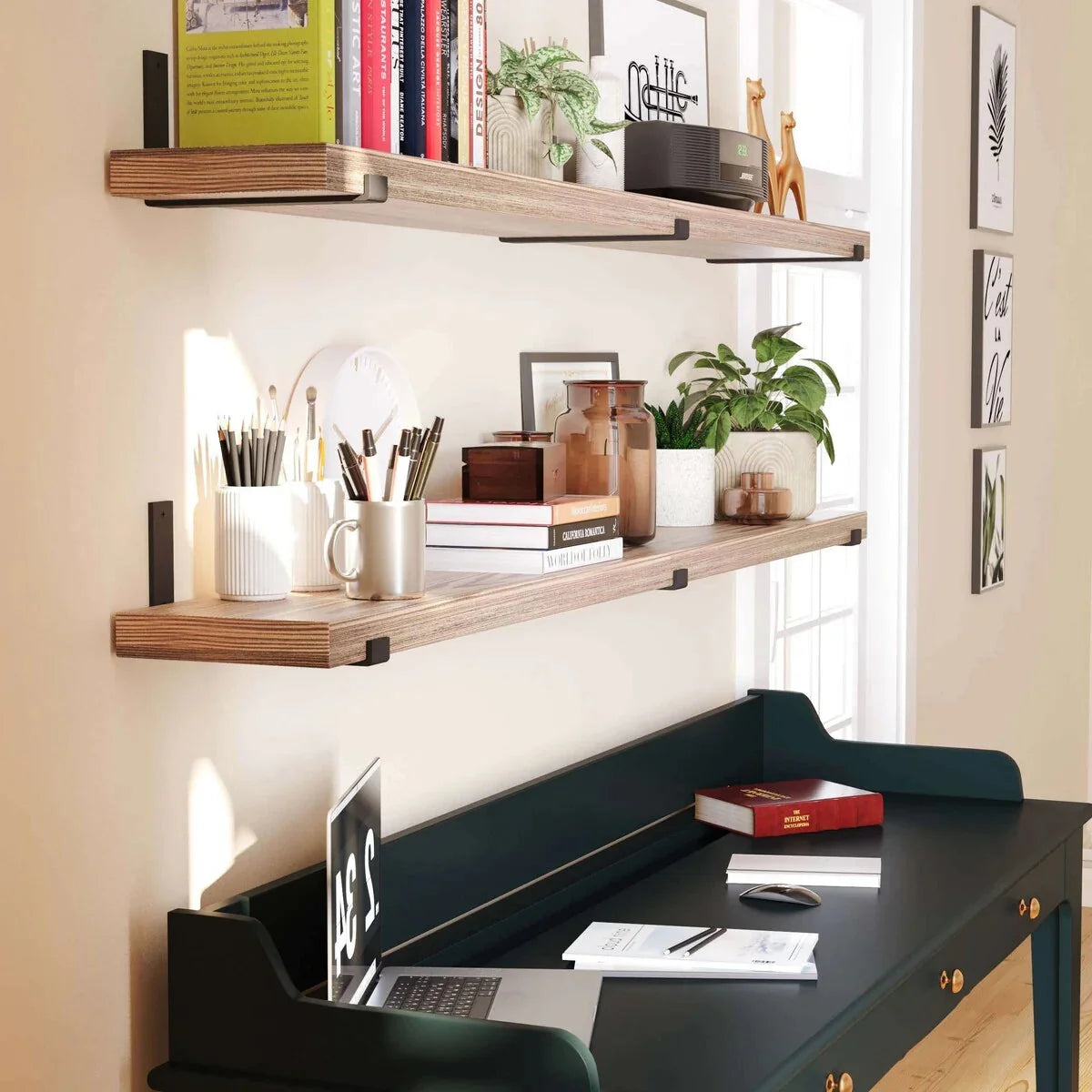 72 Inch Floating Wood Wall Shelves. Set of 2 Burnt Wood Display and Storage Shelves for Home Decor