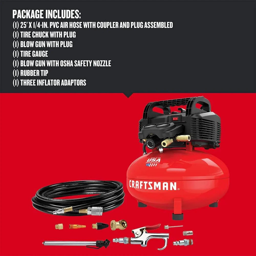 6 Gallon Pancake Air Compressor. Oil-Free Portable Compressor Kit for Garage. Workshop and DIY Projects