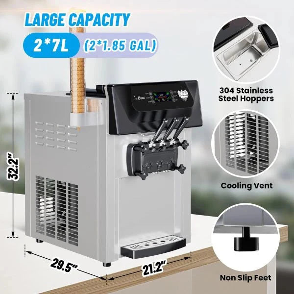 2200W 3-Flavor Soft Serve Ice Cream Machine. 5.3–7.4 Gal/Hr. LCD Touch Screen. Automatic Cleaning