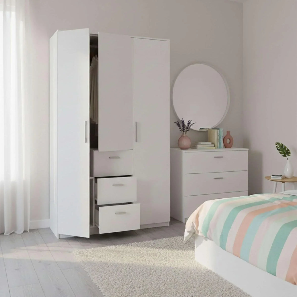 Habitdesign Armario Ropero 3 Puertas y 3 cajones. 203x117x52 (AltoxAnchoxFondo - en Cm). con Barra Colgadora y Estantes. Color Blanco Brillo