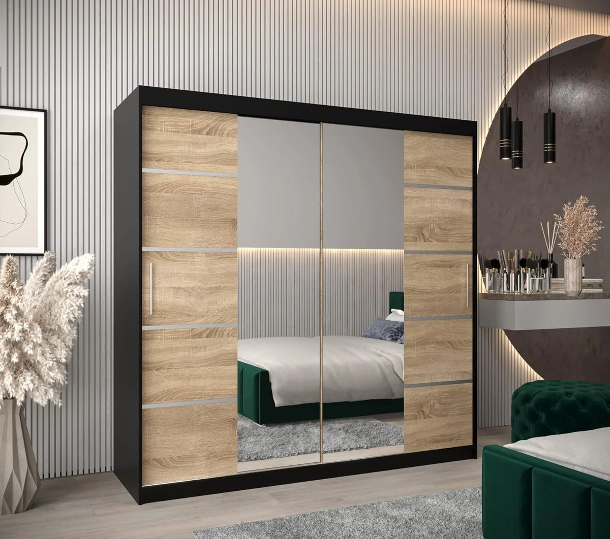 ABIKSMEBLE Verona 4 200 Bedroom Wardrobe with Three Sliding Doors – Modern Storage Cabinet with Mirror. Coat Rack and Shelves – 200 x 200 x 62 cm –