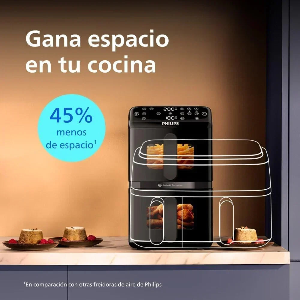 Philips Airfryer Series 4000 Double Vertical Basket 10L – RapidAir Technology. Sync. 2 Baskets at Once. 45% Less Space. PFAS Free Ceramic Coating.