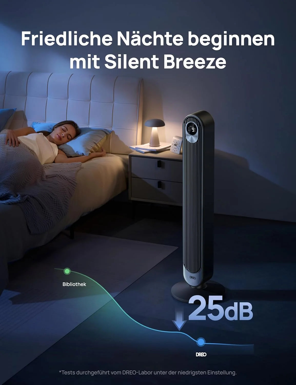 Dreo Smart 20dB DC Motor Turmventilator Leiser. 11M Windentfernung Ventilator mit Fernbedienung.9 Stufen 4 Modi. 90° Oszillierender Standventilator