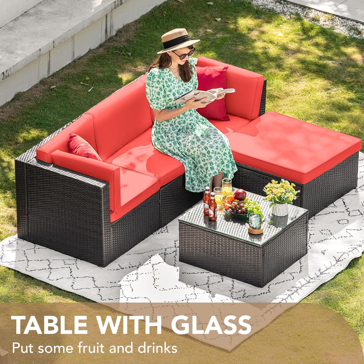 5-Piece All-Weather Patio Furniture Set with Cushions. Outdoor Wicker Conversation Sofa Set for Garden. Deck & Backyard