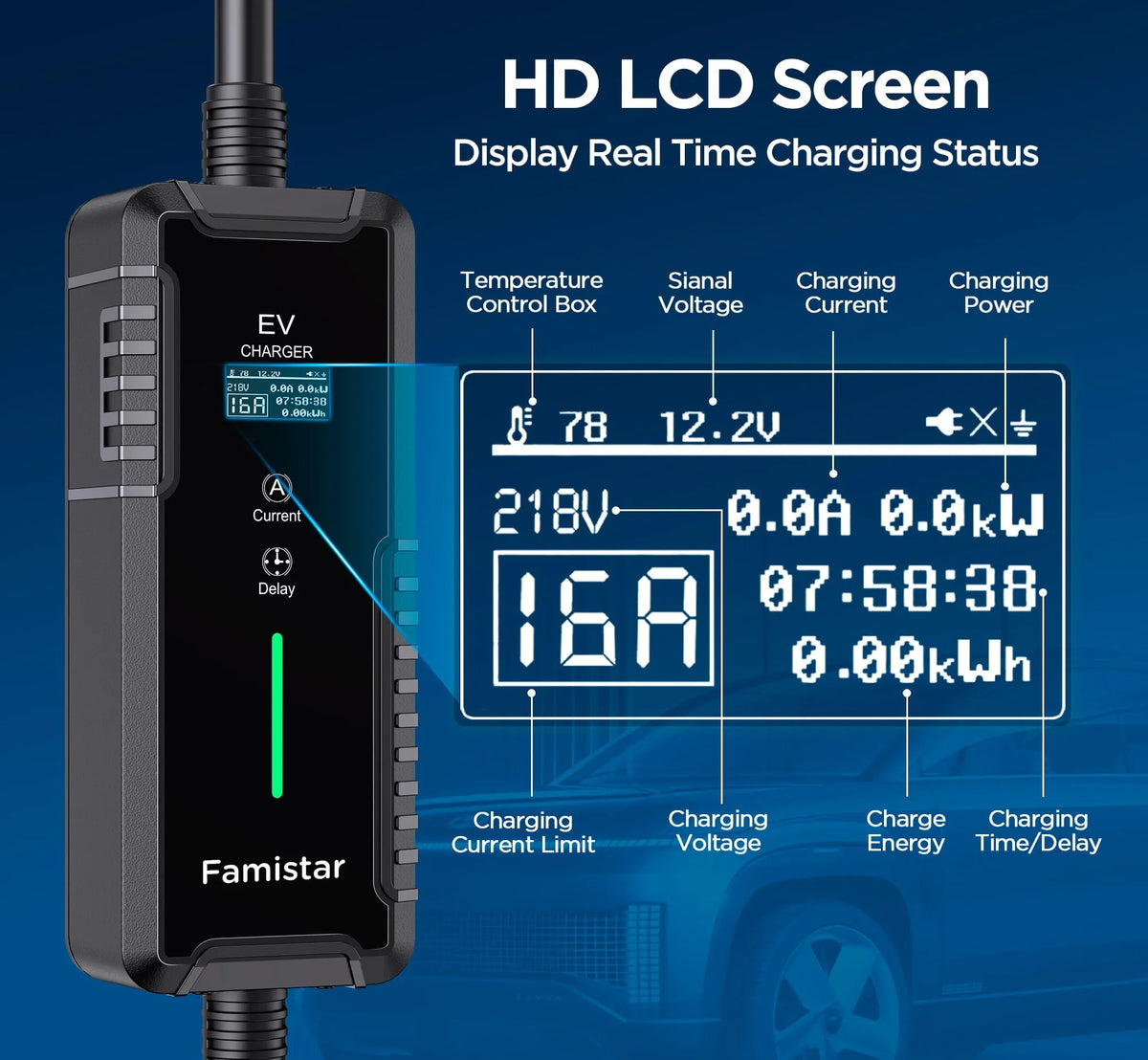 Level 2 & Level 1 EV Charger. 16Amp 110-240V Portable J1772 Electric Car Charger with Adjustable Amp Delayed Timer 25ft Long Cord