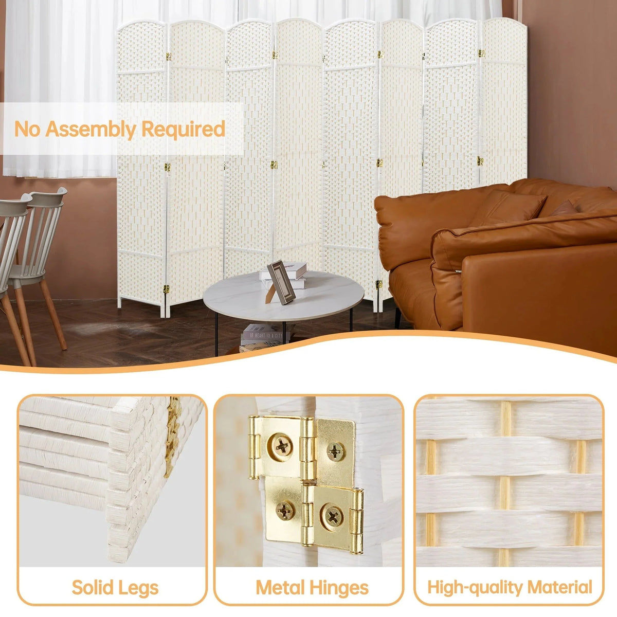 6 FT Tall Woven Fiber Room Divider. Freestanding Folding Privacy Screen
