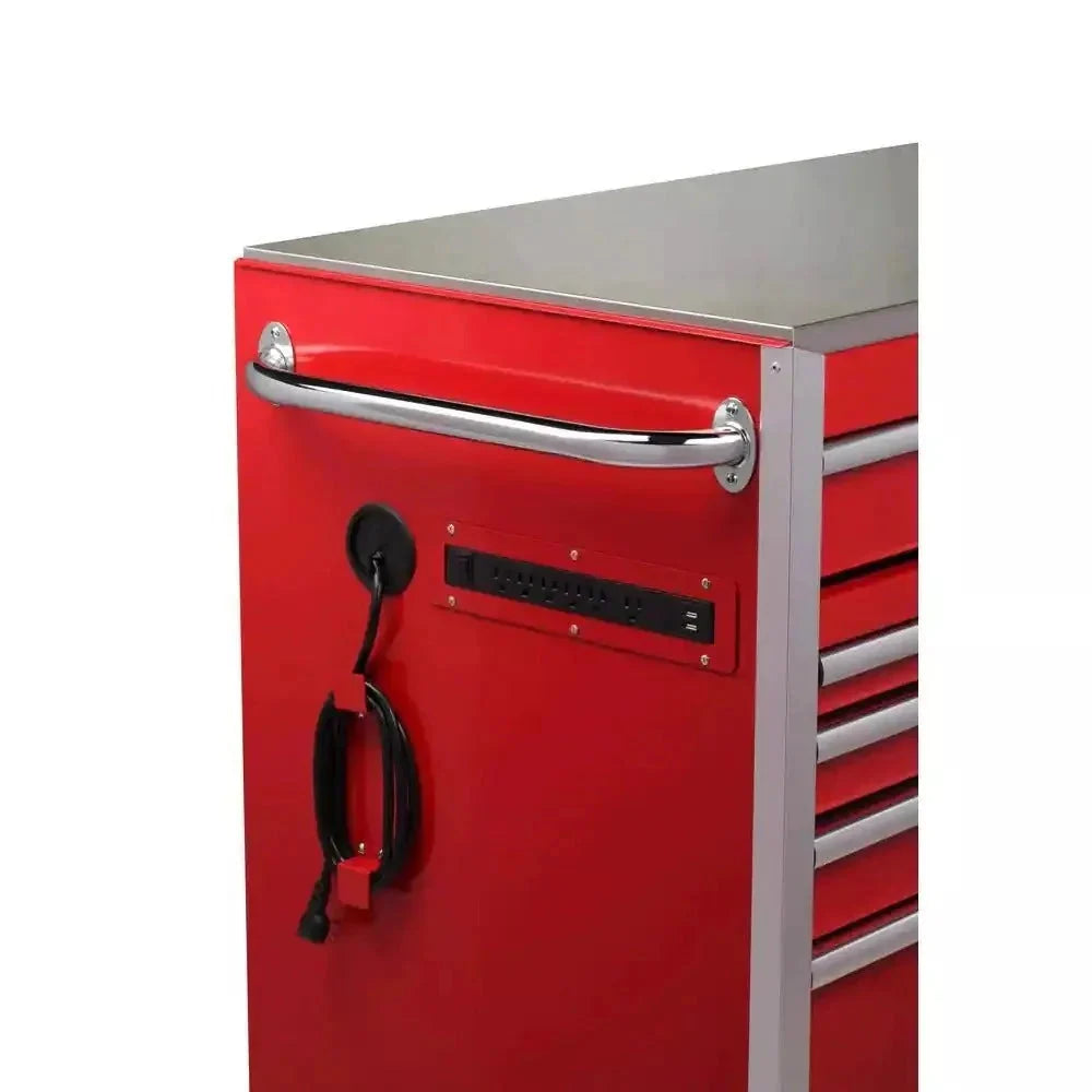 72-Inch W x 24-Inch D 15-Drawer Mobile Workbench with Stainless Steel Top and Dual Locks. Red