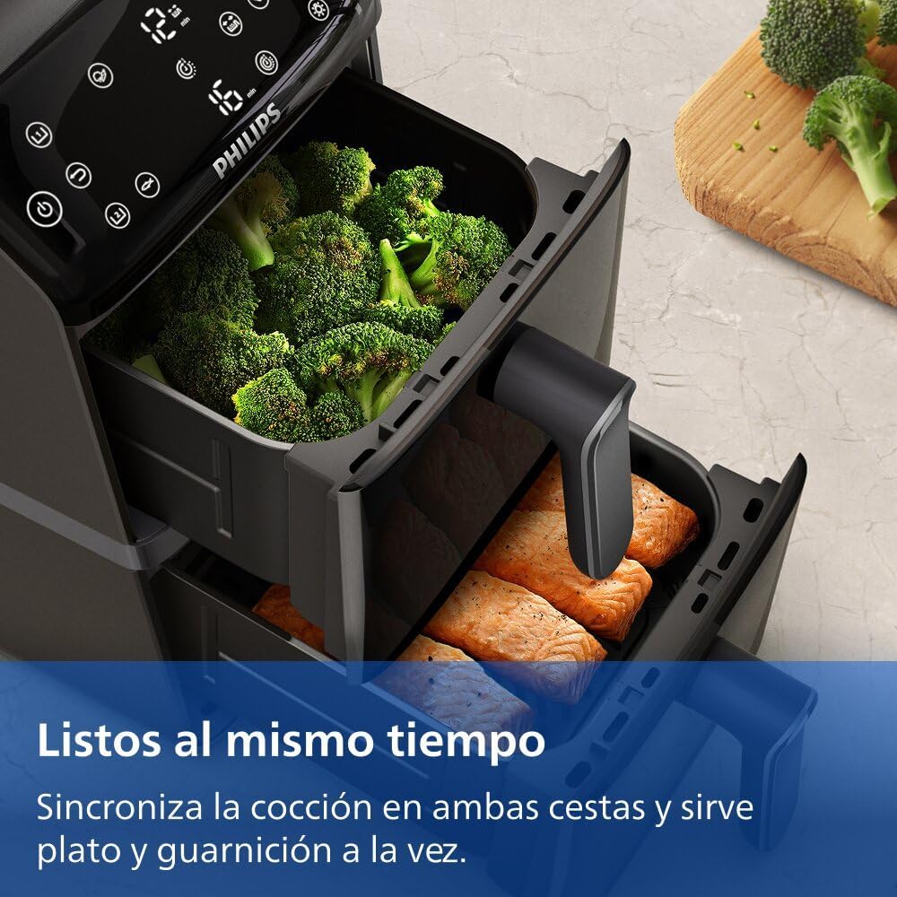 Philips Airfryer Series 4000 Double Vertical Basket 10L – RapidAir Technology. Sync. 2 Baskets at Once. 45% Less Space. PFAS Free Ceramic Coating.