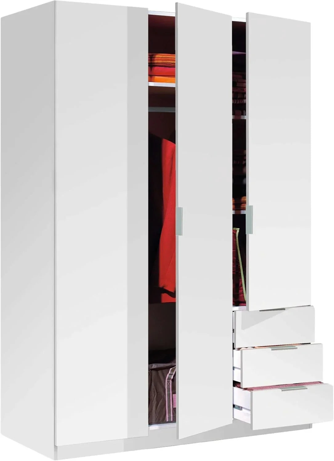 Habitdesign Three Door and Three Drawer Wardrobe Closet. Artic White Finish. Measurements: 121 cm (W) x 180 cm (H) x 52 cm (D)